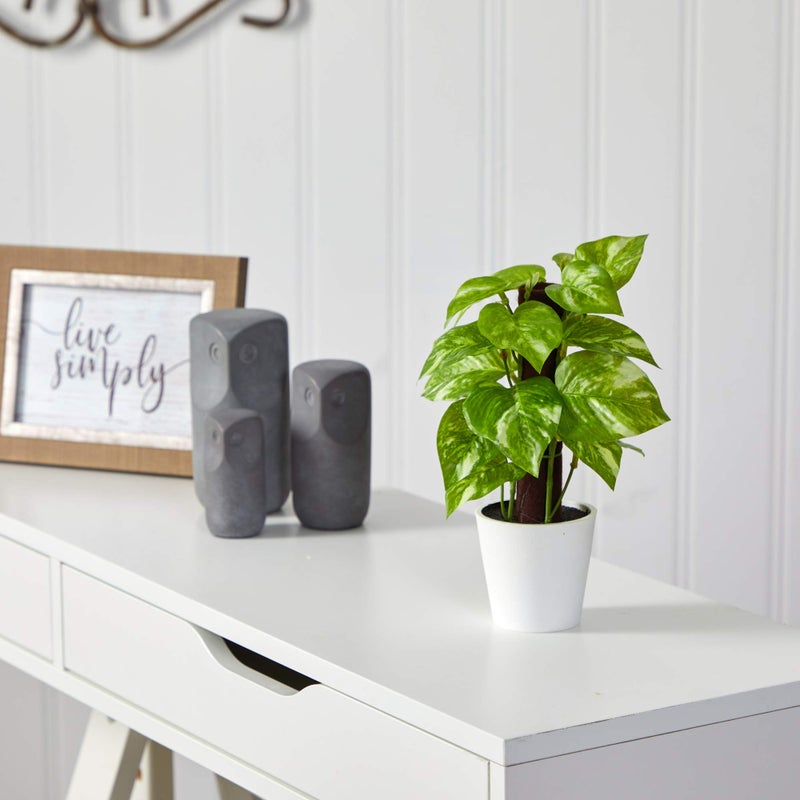 Nearly Natural 9in. Pothos Artificial Plant in White Planter (Real Touch) - Image 3