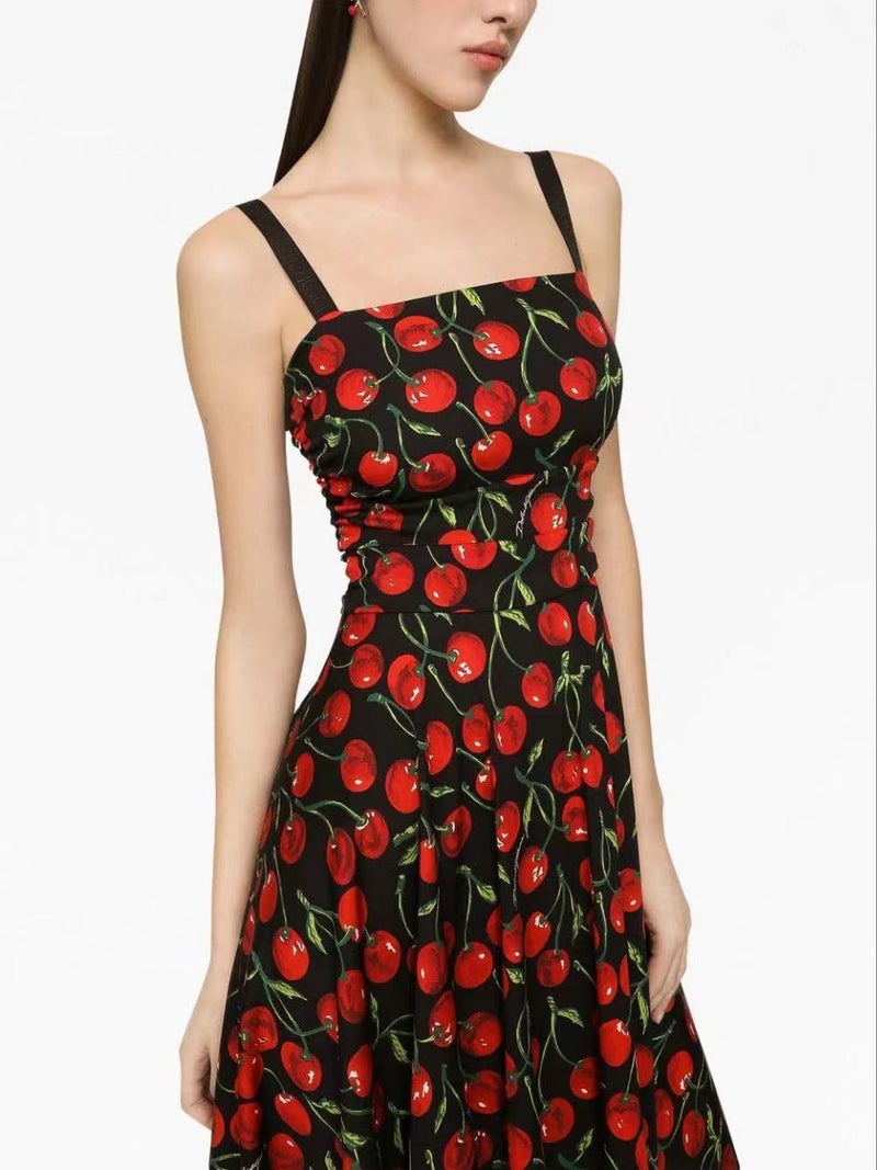 New fashion womens clothing digital printing Cherry sling large swing dress pleated waist tight dress midi dress Picture color