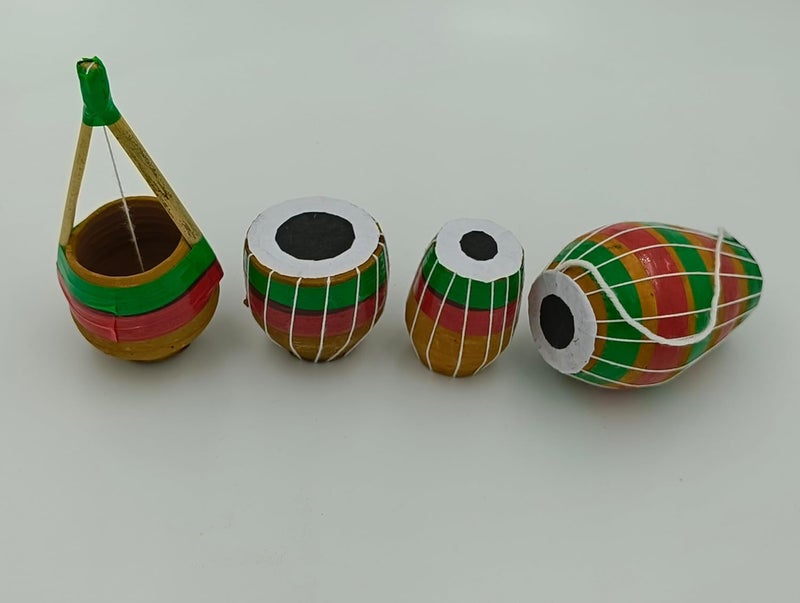 FernHaus FernHaus Handcrafted Terracotta Clay Musical Instrument Showpiece Set 1 Tabla Set 1 Ektara 1 Dhol 3 ColoursSuitable For TV Unit Showcases Corner Shelves and Gifting  - Image 1
