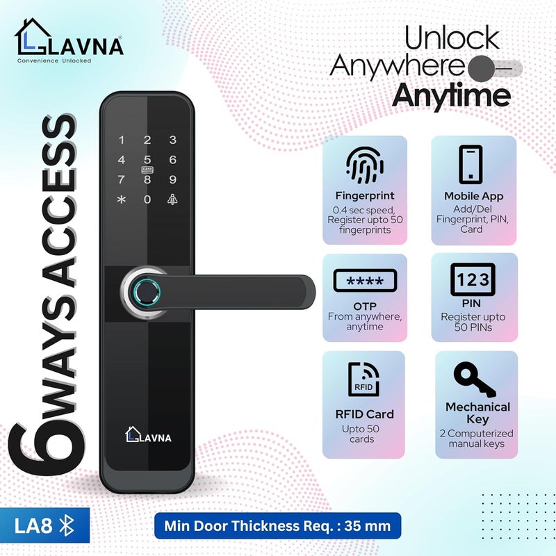 LAVNA قفل باب ذكي رقمي | 6 طرق فتح | بصمة، تطبيق موبايل، OTP، PIN، بطاقة RFID ومفتاح يدوي مع 5 مسامير للأبواب الخشبية (LA8) (بلوتوث) - Image 3
