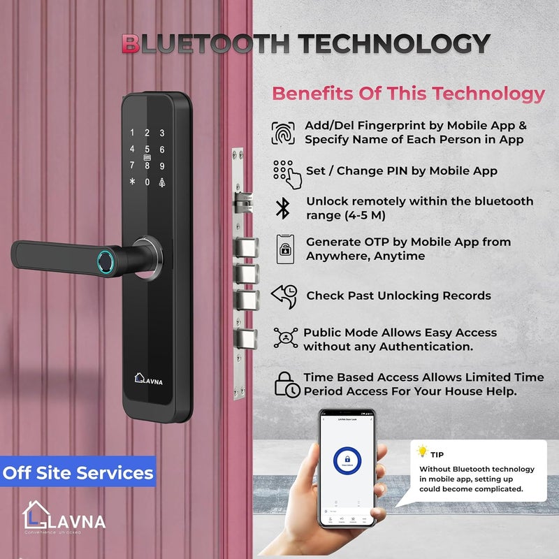 LAVNA قفل باب ذكي رقمي | 6 طرق فتح | بصمة، تطبيق موبايل، OTP، PIN، بطاقة RFID ومفتاح يدوي مع 5 مسامير للأبواب الخشبية (LA8) (بلوتوث) - Image 2