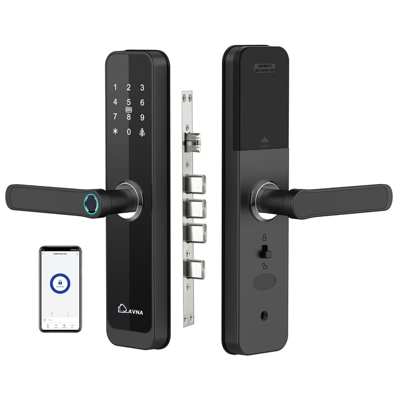 LAVNA قفل باب ذكي رقمي | 6 طرق فتح | بصمة، تطبيق موبايل، OTP، PIN، بطاقة RFID ومفتاح يدوي مع 5 مسامير للأبواب الخشبية (LA8) (بلوتوث) - Image 1