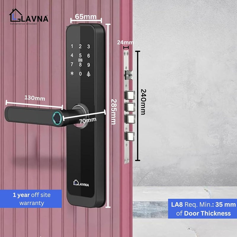 LAVNA قفل باب ذكي رقمي | 6 طرق فتح | بصمة، تطبيق موبايل، OTP، PIN، بطاقة RFID ومفتاح يدوي مع 5 مسامير للأبواب الخشبية (LA8) (بلوتوث) - Image 4