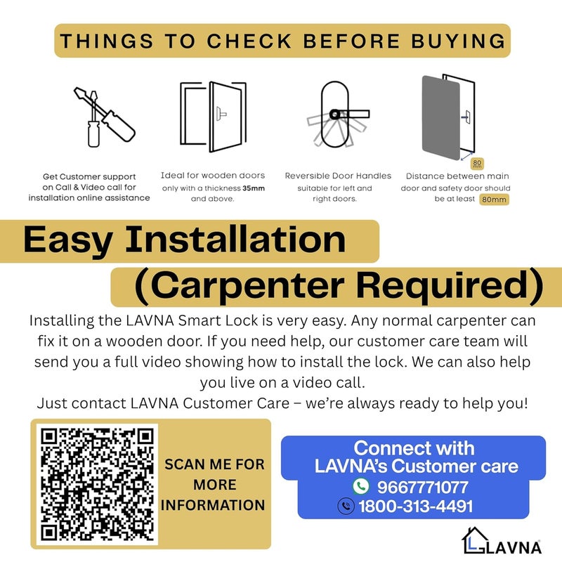 LAVNA قفل باب ذكي رقمي | 6 طرق فتح | بصمة، تطبيق موبايل، OTP، PIN، بطاقة RFID ومفتاح يدوي مع 5 مسامير للأبواب الخشبية (LA8) (بلوتوث) - Image 5