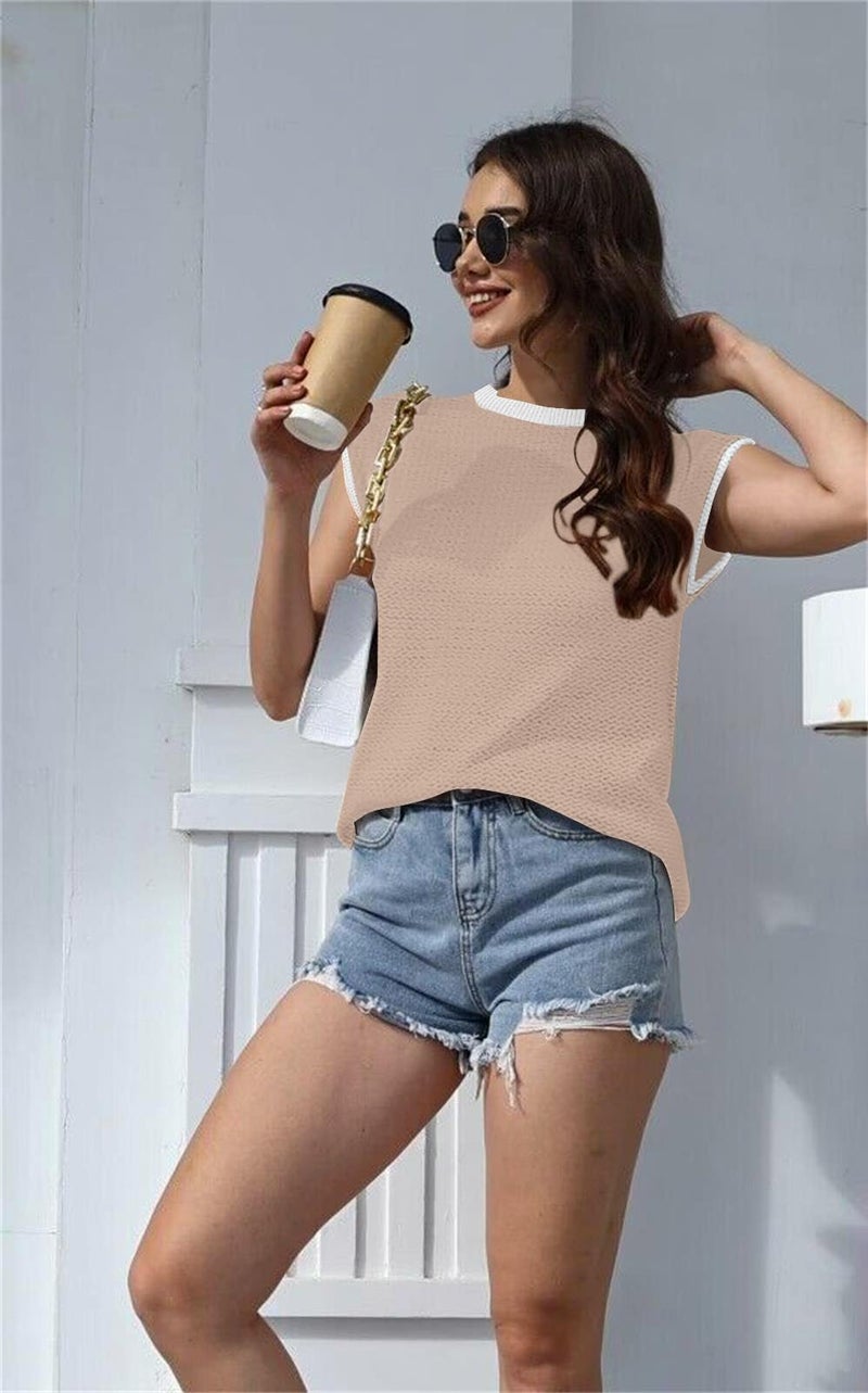 Disamer Cap Sleeve Knit Sweater Tops Sleeveless Vest 2026 Spring Clothes Oversized Summer Tank Trendy Short Sleeve T Shirts,Brown,Medium - Image 2
