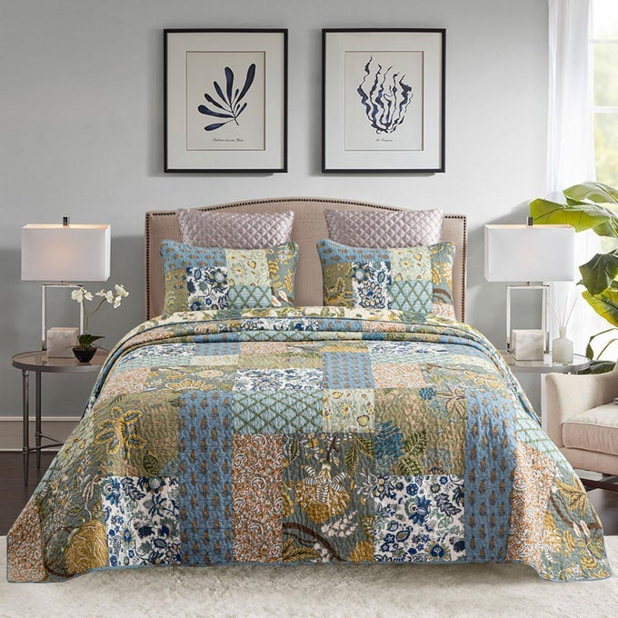 OVERSIZED KING BEDSPREADS PATCHWORK QUILT SET 120X118 INCH 100 COTTON REVERSIBLE BREATHABLE GREEN LEAVES QUILTED COVERLET WITH PILLOW SHAMS FOR ALL SEASONS