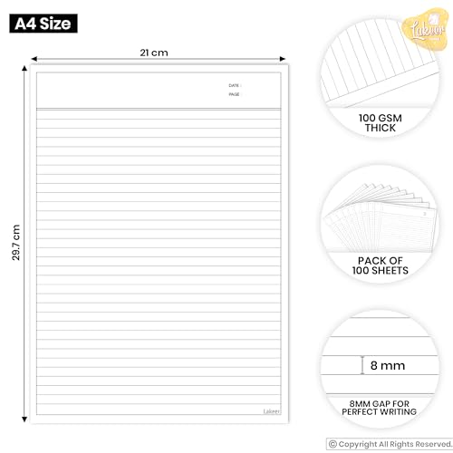 Lakeer A4 Ruled Paper White Color -100 GSM, Pack of 100 | for Project, Assignment, Practical, Homework and Etc. - Image 2