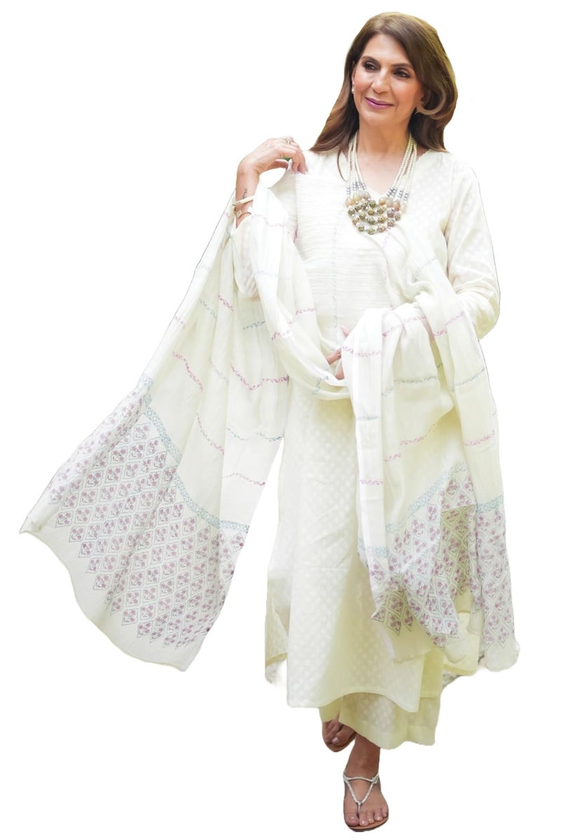 ANNI Designer Women's Rayon Blend Printed Straight Kurta with Pant & Dupatta (Mirai White_L_White_Large) - Image 1