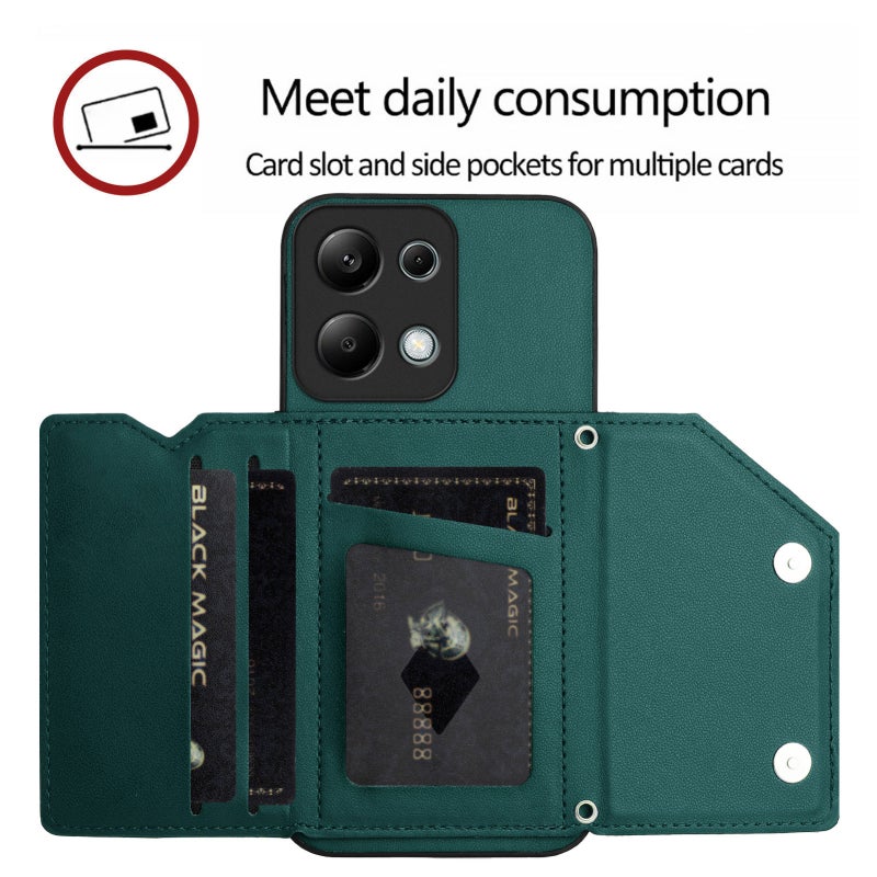 HuHa Protective Cover For Redmi Note 13 Pro 4G Global Skin Feel Four Card Slots Phone Case with Wrist Strap(Green) - Image 5