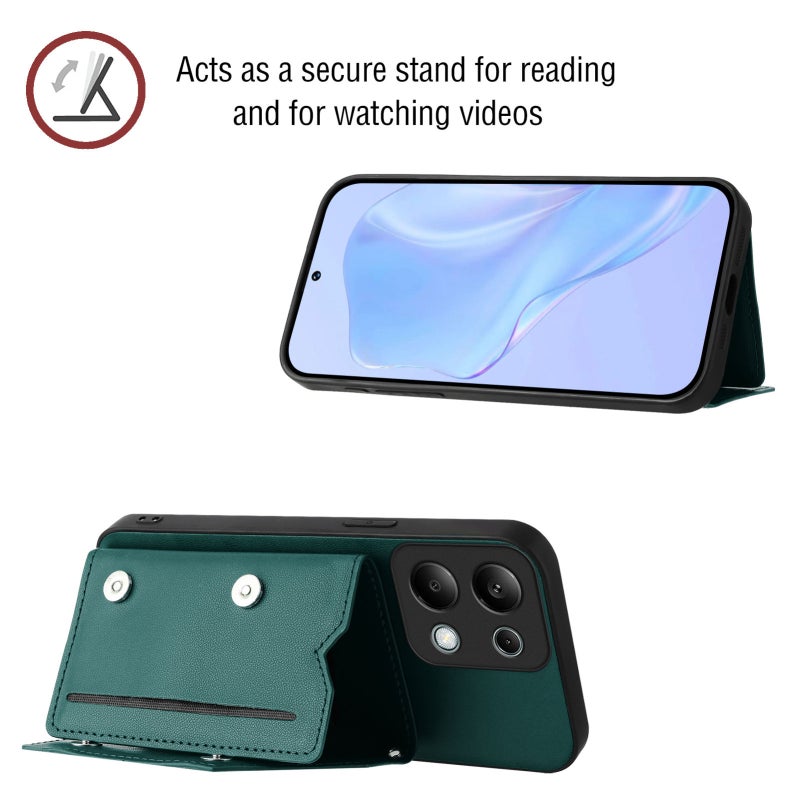 HuHa Protective Cover For Redmi Note 13 Pro 4G Global Skin Feel Four Card Slots Phone Case with Wrist Strap(Green) - Image 4