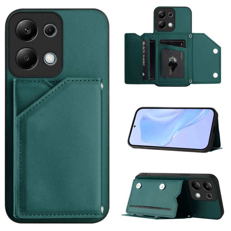HuHa Protective Cover For Redmi Note 13 Pro 4G Global Skin Feel Four Card Slots Phone Case with Wrist Strap(Green) - Image 1