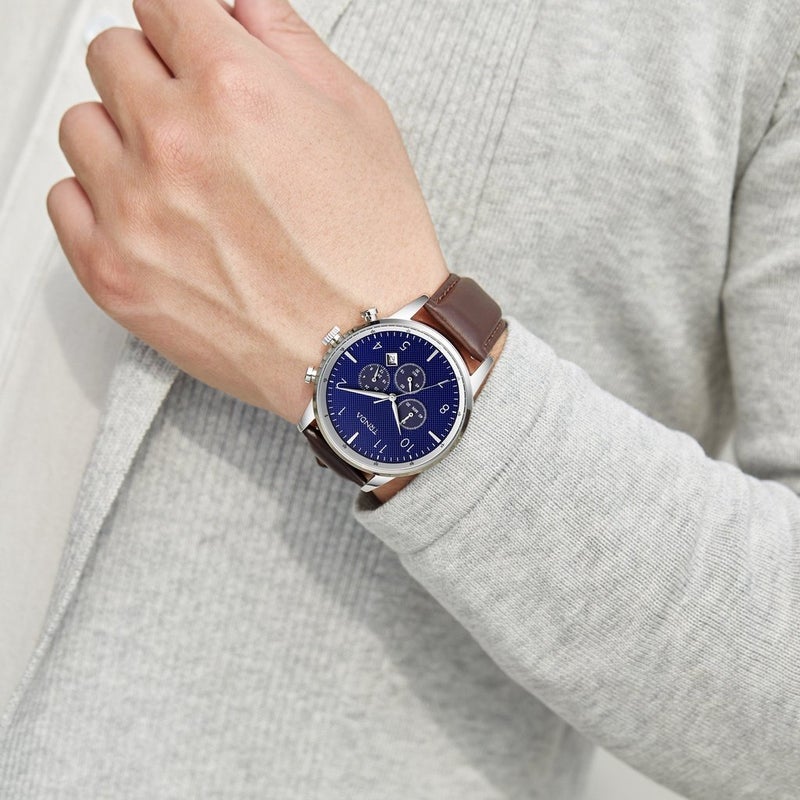 ترندا ساعة TRNDA من الفولاذ المقاوم للصدأ - مينا أزرق خالد وسوار جلد بني - بيان أزياء للرجال - Image 2