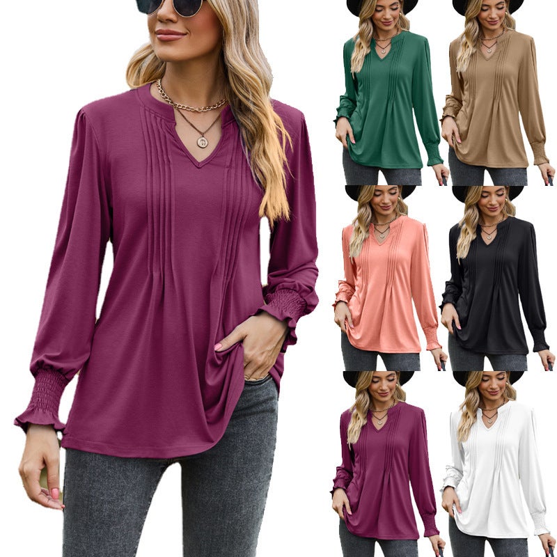 2023 Amazon autumn new T-shirt cross-border womens clothing solid color drawstring puff sleeve V-neck long sleeve top White - Image 3