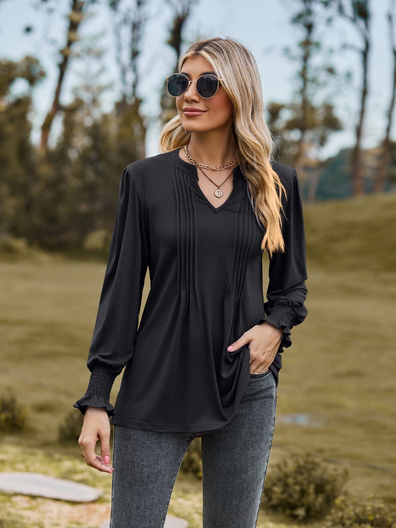 2023 Amazon autumn new T-shirt cross-border womens clothing solid color drawstring puff sleeve V-neck long sleeve top White - Image 2