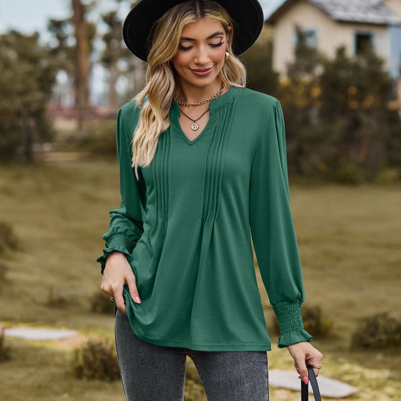 2023 Amazon autumn new T-shirt cross-border womens clothing solid color drawstring puff sleeve V-neck long sleeve top White - Image 5