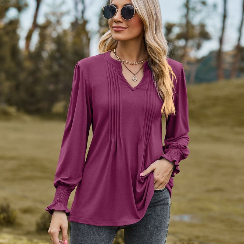 2023 Amazon autumn new T-shirt cross-border womens clothing solid color drawstring puff sleeve V-neck long sleeve top White - Image 4