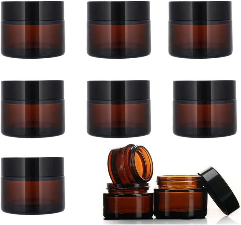 MOILLUXE 8 pack Amber Glass Jar Container Cosmetic Cream Lotion Bottle Hand Cream Travel Home Container Storage with Inner Liners and black Lids (2oz/8pack)