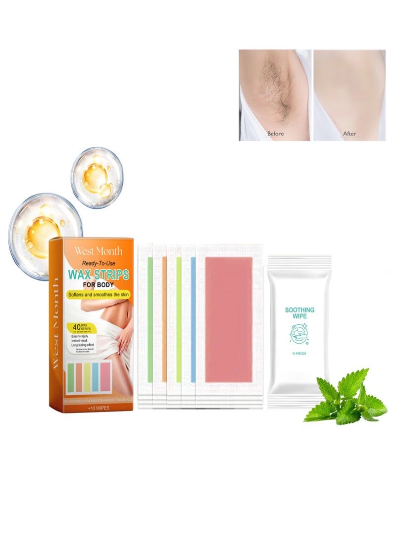 WEST MONTH 40PCS Waxing Strips For Hair Removal with 10PCS Soothing Wipes Hair Remove Wax Paper Depilating Papers Hair Removal Accessories For Face Legs Arms Underarm Body Wax Strips Hair Removal For Men & Women - Image 1