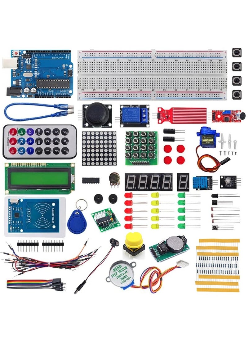أردوينو مجموعة أدوات Arduino UNO R3 للمبتدئين، مجموعة تعليمية شاملة للمبتدئين مكونة من 36 قطعة مع لوحة وأجهزة استشعار ولوحة توصيل 