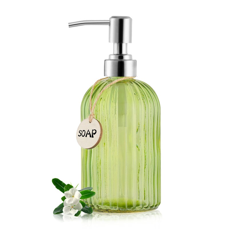 MOCLIF 16 OZ Soap DispenserTempered Glass Clear Vertical Stripe with 304 Rust Proof Stainless Steel Pump Refillable Liquid Hand Soap Dispenserfor Bathroom Kitchen Dish SoapLotion Green