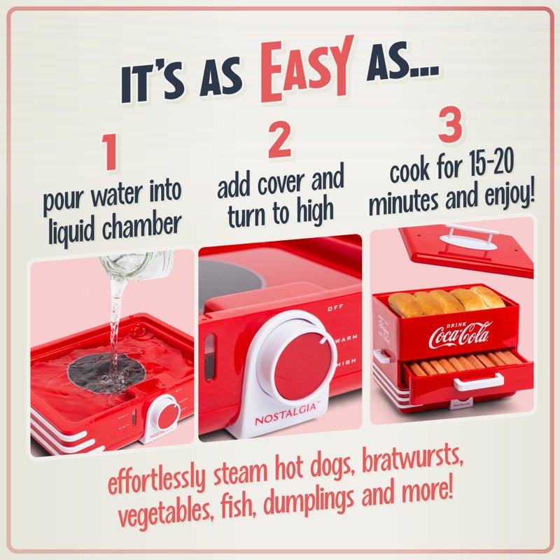 Nostalgia Extra Large Diner-Style Coca-Cola Hot Dog Steamer and Bun Warmer, 24 Hot Dog and 12 Bun Capacity, Steam Bratwursts, Sausages, Vegetables, Fish, Dumplings, Red - Image 3