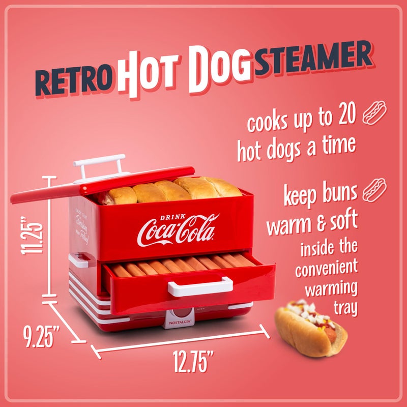 Nostalgia Extra Large Diner-Style Coca-Cola Hot Dog Steamer and Bun Warmer, 24 Hot Dog and 12 Bun Capacity, Steam Bratwursts, Sausages, Vegetables, Fish, Dumplings, Red - Image 2