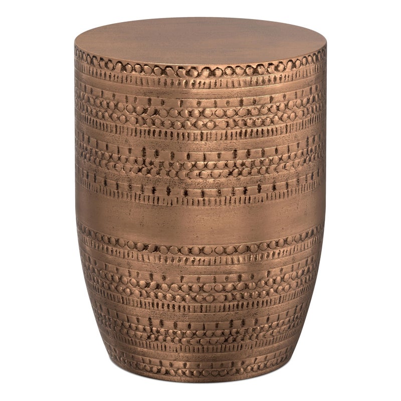 SIMPLIHOME Johnsen Metal Table 15 inch Wide Solid Iron Drum Accent Table in Antique Copper with Tribal Pattern Round Boho End Table for Living Room Bedroom or Home Office Fully Assembled