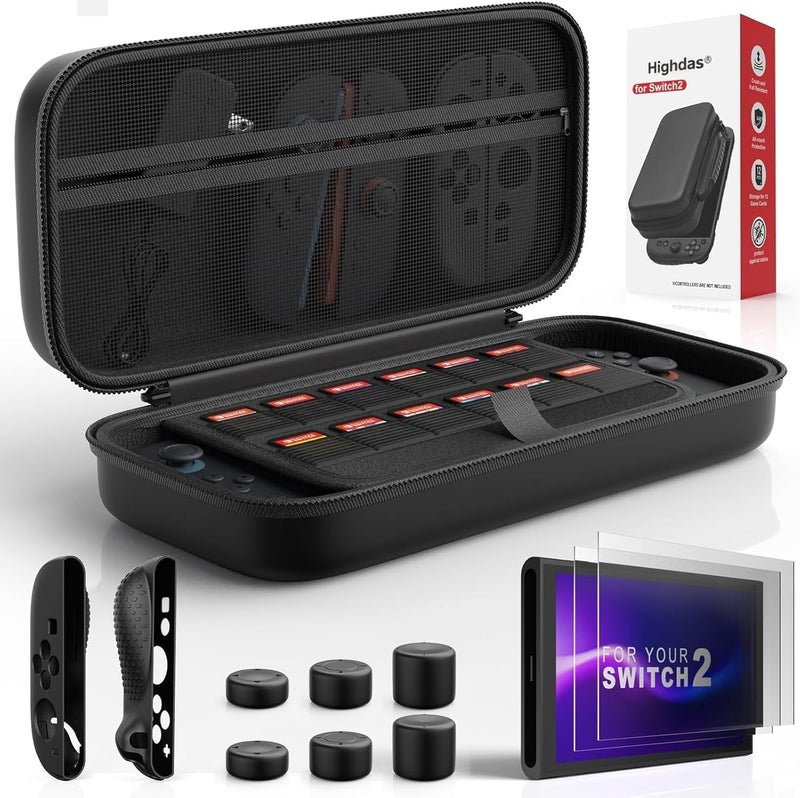 Highdas Protection Bundle for Nintendo Switch 2, Switch 2 Accessories with Console Carrying Case, 2x Tempered Glass Screen Protectors, 2x Joy-Con Controller Cases, 6x Anti-Slip Thumb Grip Caps, All-in - Image 1