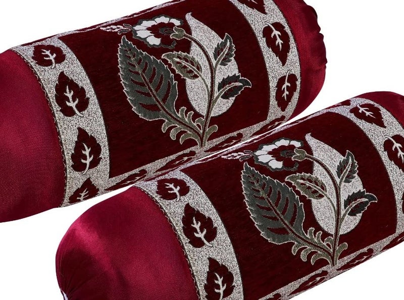 Outlay Home Luxury Chennile Velvet Bolster Covers, Set of 2 Diwan Set |Printed Bolster Pillow Covers Throw Bolster Covers| Booster Covers, 32x16 Inches, Maroon - Image 2