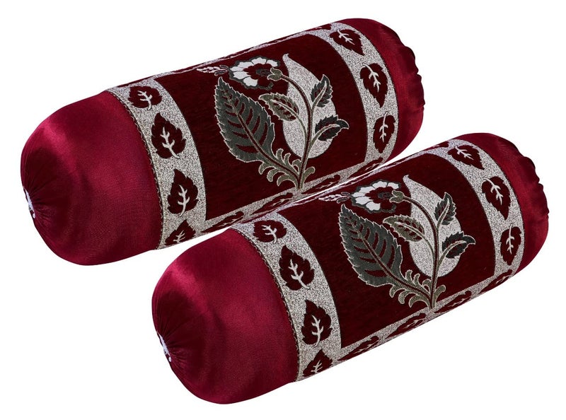Outlay Home Luxury Chennile Velvet Bolster Covers, Set of 2 Diwan Set |Printed Bolster Pillow Covers Throw Bolster Covers| Booster Covers, 32x16 Inches, Maroon - Image 1