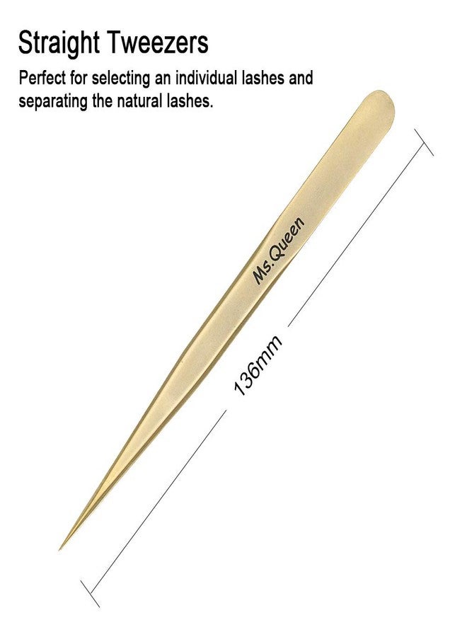 Ms.Queen Eyelash Extension Tweezers Set-Precision Tweezers for 2D-6D Volume&Individual False Lashes Extensions with PU Storage Case-Golden (Straight Tweezers/M003-5) - Image 4