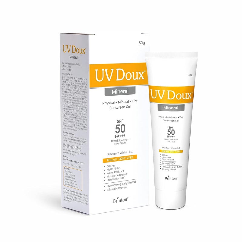 Brinton جل واقي شمس معدني ملون UV Doux مع SPF 50 PA طيف واسع واقي شمس معدني 100 مع أكسيد الزنك وثاني أكسيد التيتانيوم بدون أثر أبيض لمسة نهائية غير لامعة مقاوم للعرق والماء 50 جرام - Image 1