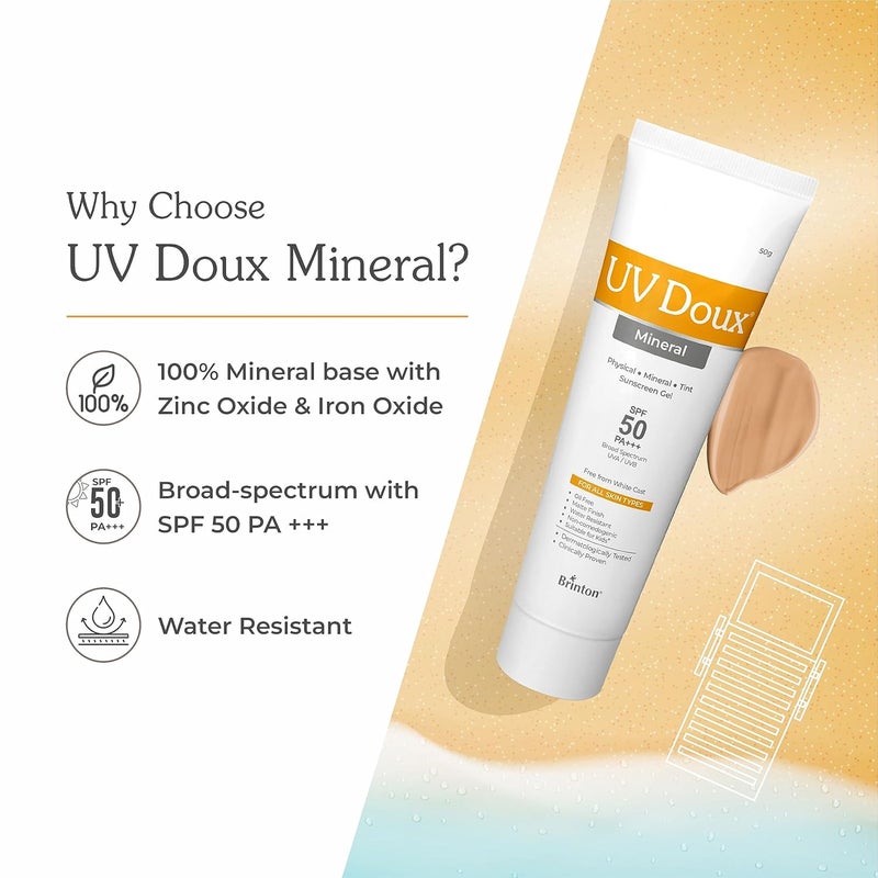 Brinton جل واقي شمس معدني ملون UV Doux مع SPF 50 PA طيف واسع واقي شمس معدني 100 مع أكسيد الزنك وثاني أكسيد التيتانيوم بدون أثر أبيض لمسة نهائية غير لامعة مقاوم للعرق والماء 50 جرام - Image 2