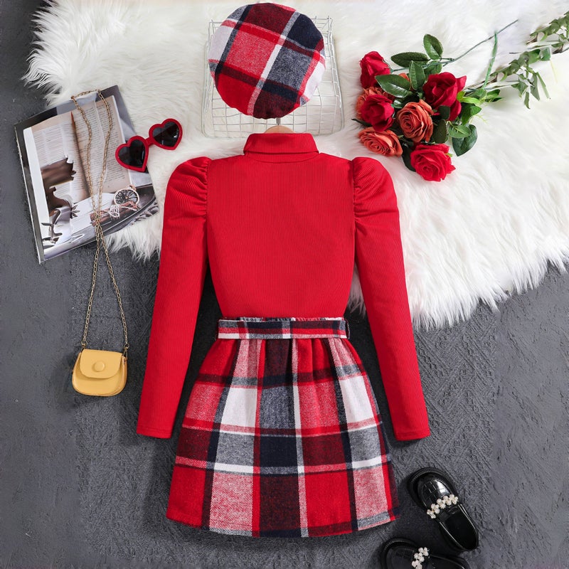 Xiyin Girls' Outfit High-Neck Long-Sleeve Top Preppy Style Plaid Skirt Beret Three-Piece Set - Image 3