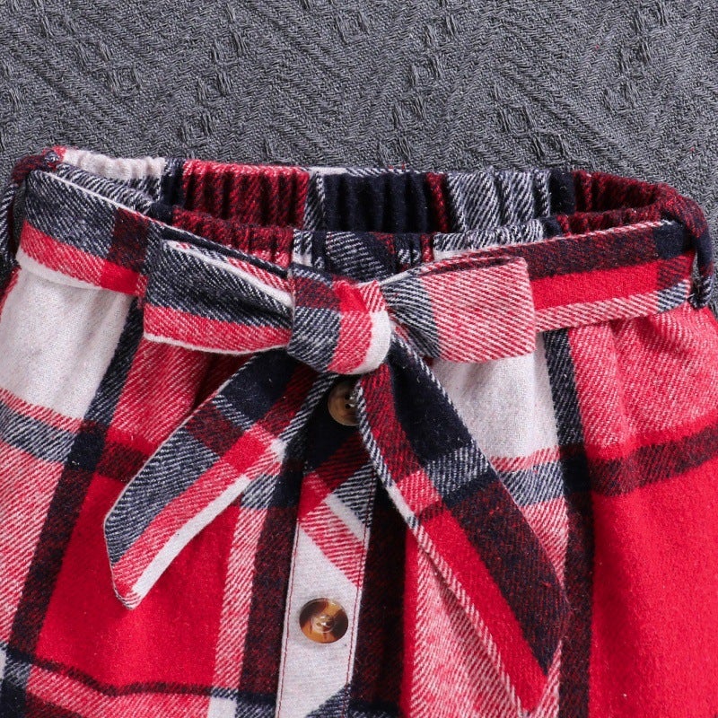 Xiyin Girls' Outfit High-Neck Long-Sleeve Top Preppy Style Plaid Skirt Beret Three-Piece Set - Image 5