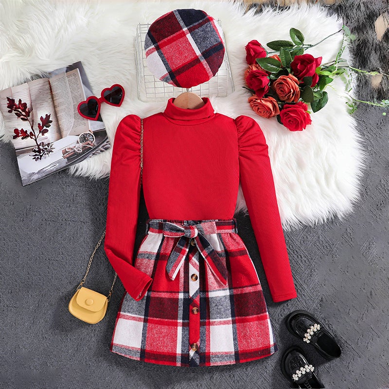 Xiyin Girls' Outfit High-Neck Long-Sleeve Top Preppy Style Plaid Skirt Beret Three-Piece Set - Image 1