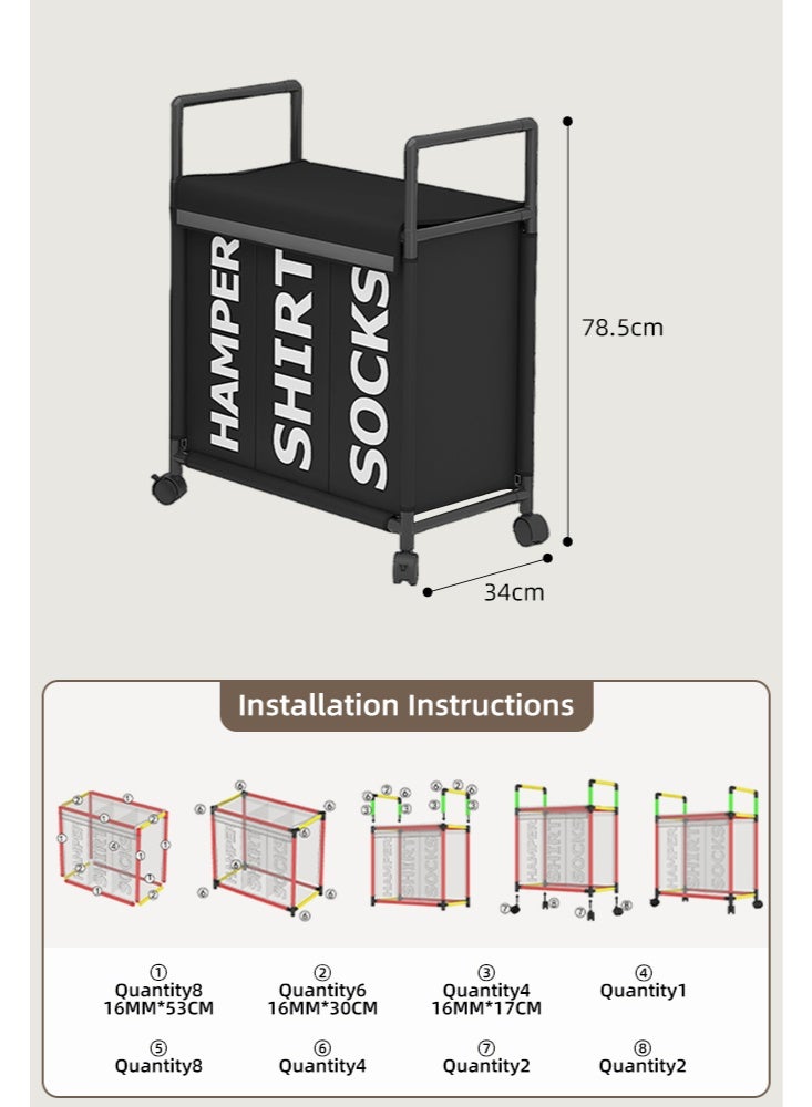 سلة غسيل كبيرة ، سلة غسيل مع ثلاث مقصورات أنيقة وعملية لسهولة فرز وتنظيم الملابس للملابس القذرة في حاوية تخزين وخزانة الأسرة والمنظم - Image 2