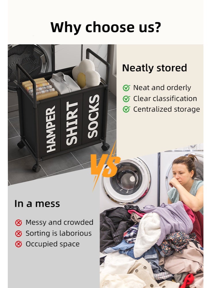 سلة غسيل كبيرة ، سلة غسيل مع ثلاث مقصورات أنيقة وعملية لسهولة فرز وتنظيم الملابس للملابس القذرة في حاوية تخزين وخزانة الأسرة والمنظم - Image 3