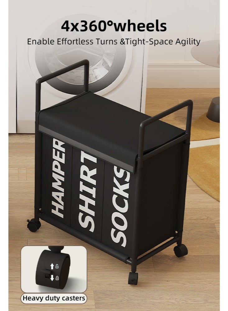 سلة غسيل كبيرة ، سلة غسيل مع ثلاث مقصورات أنيقة وعملية لسهولة فرز وتنظيم الملابس للملابس القذرة في حاوية تخزين وخزانة الأسرة والمنظم - Image 5