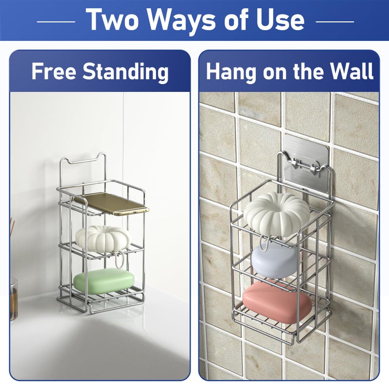 Bernkot حامل قالب الصابون 3 طبقات من Bernkot 304 طبق صابون من الفولاذ المقاوم للصدأ للحمام رف إسفنجي قابل للإزالة لحوض المطبخ (فضي) - Image 3
