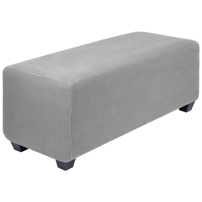 HIGH STRETCH OTTOMAN COVER WITH ELASTIC BOTTOM SOFT SLIPCOVER JACQUARD FABRIC SMALL CHECKS RECTANGLE STORAGE STOOL COVER FURNITURE COVERS LARGE LIGHT GRAY