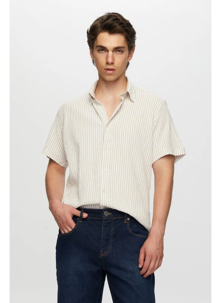 D'S DAMAT D'S Groom Slim Fit Beige Seersucker Short Sleeve Shirt 0HC02ORT04265