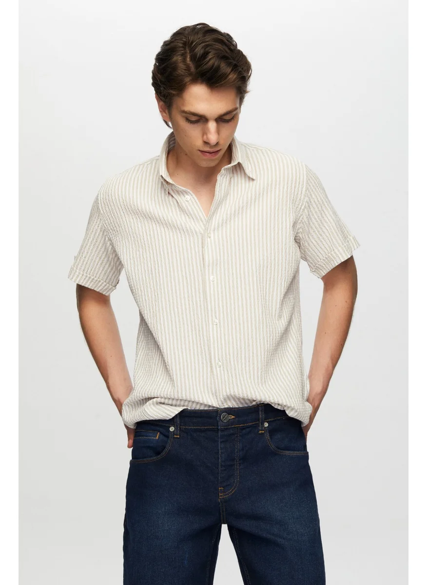 D'S DAMAT D'S Groom Slim Fit Beige Seersucker Short Sleeve Shirt 0HC02ORT04265