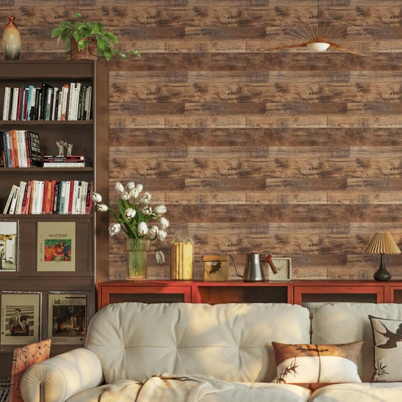 TANONE Wood Contact Paper Kitchen Peel and Stick Wallpaper, Self Adhesive Removable Wallpaper Countertops Waterproof, Shiplap Wall Paper Wood Vinyl Wrap for Cabinets Rustic Brown 17.5" X 118.1" - Image 3
