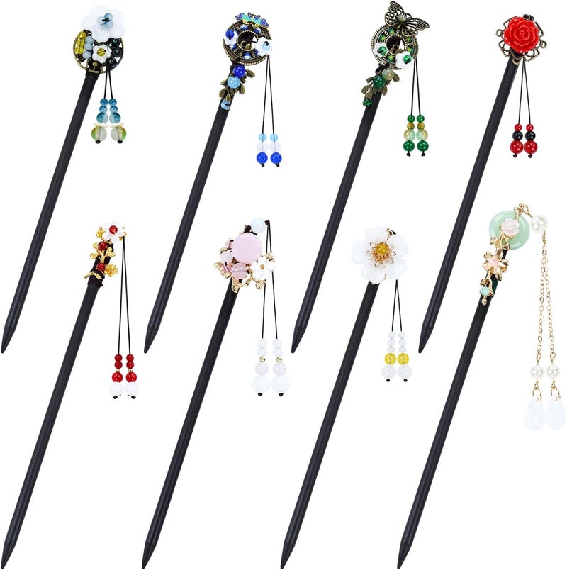 8 Pack Chinese Wood Hair Sticks With Tassel Dangling Crystal Beads Charm Fork Long Straight Chopstick Picks for Twist Bun Holder Womens Accessories