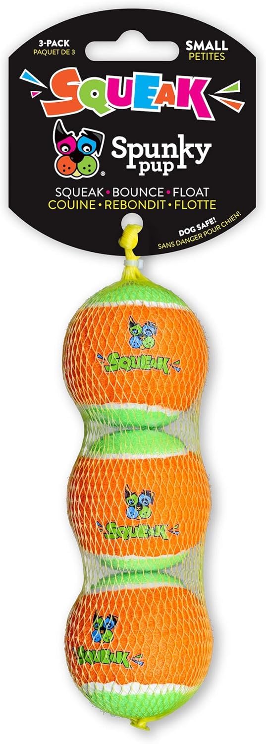 Spunky pup Squeaky Tennis Balls for Dogs SP2020 Squeak Toss Fetch Bounce Floats Durable Brightly Colored Ball Especially Made for Small Dogs 2 Diameter with Mesh Bag 3 Pack - Image 2