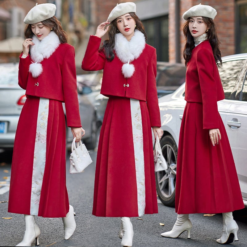 New Year Greeting Clothing Chinese Down Vest Skirt Stitching Suit White Duck Down Real Fox Fur Long Sleeve H10352 - Image 4