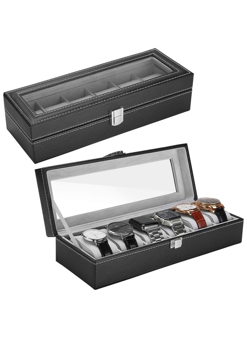 BLOOMING TIME PU Leather Watch Box, Watch Holder, Watch Organizer with Glass Lid, Watch Case with Removable Watch Pillow, Velvet Lining, Metal Clasp, Watch Display (6 Slot) - Image 1