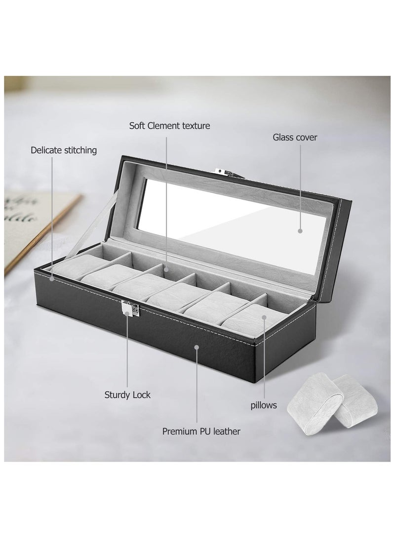 BLOOMING TIME PU Leather Watch Box, Watch Holder, Watch Organizer with Glass Lid, Watch Case with Removable Watch Pillow, Velvet Lining, Metal Clasp, Watch Display (6 Slot) - Image 2