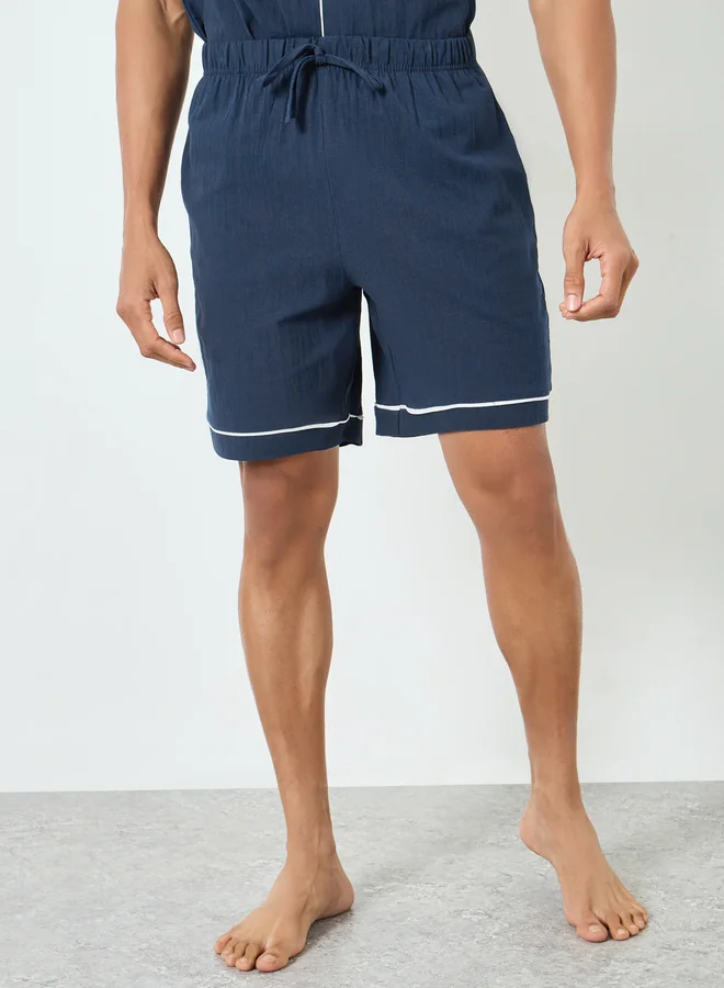 Styli  Men Navy Blue Piping Detail Shirt and Shorts Pyjama Set for Men | Best Price UAE